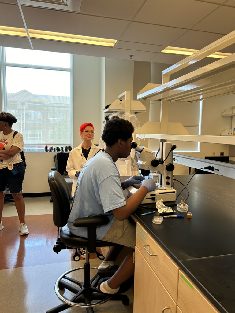 Student peers through a microscope