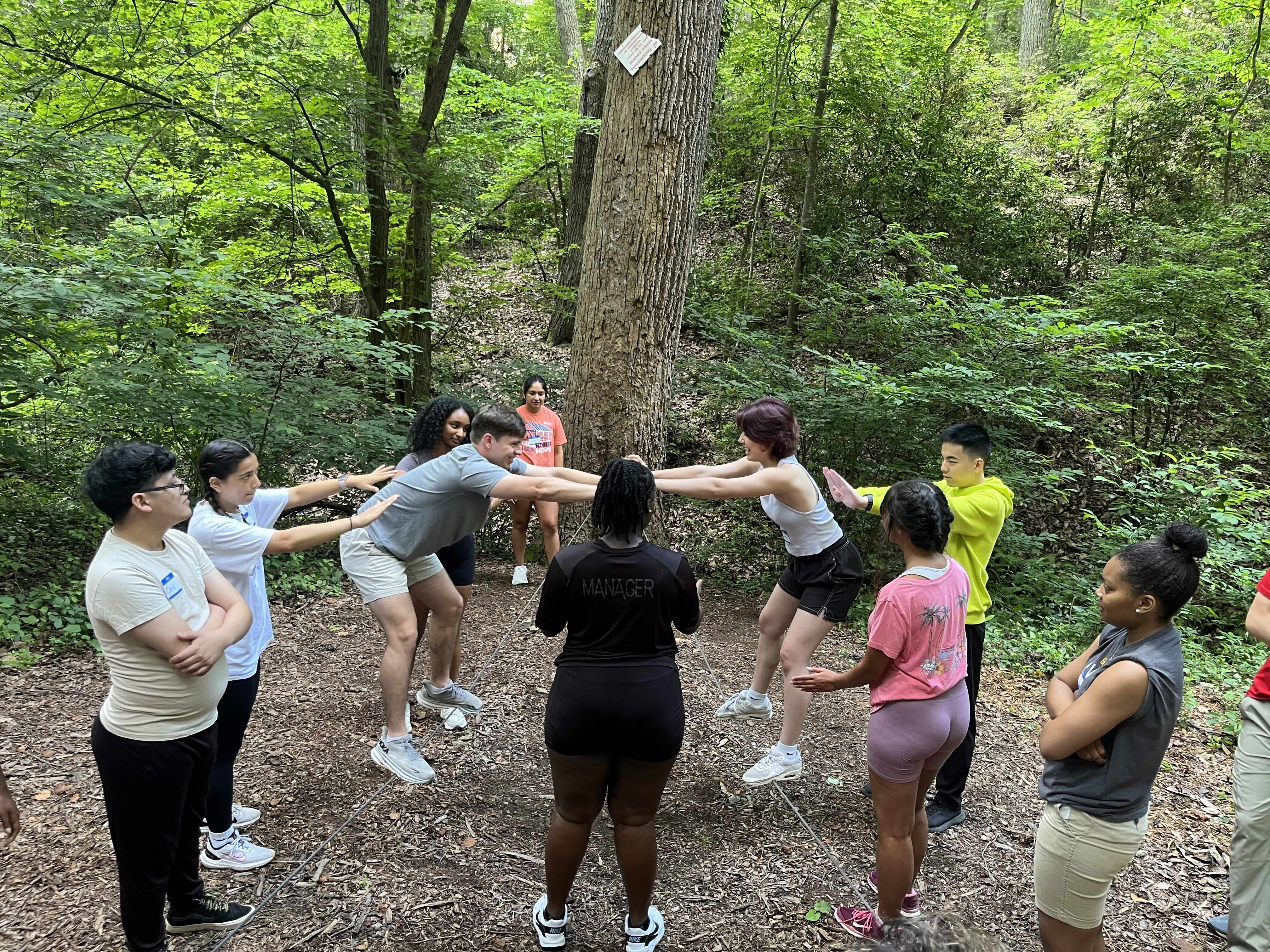 counselors participate in a trust exercise 