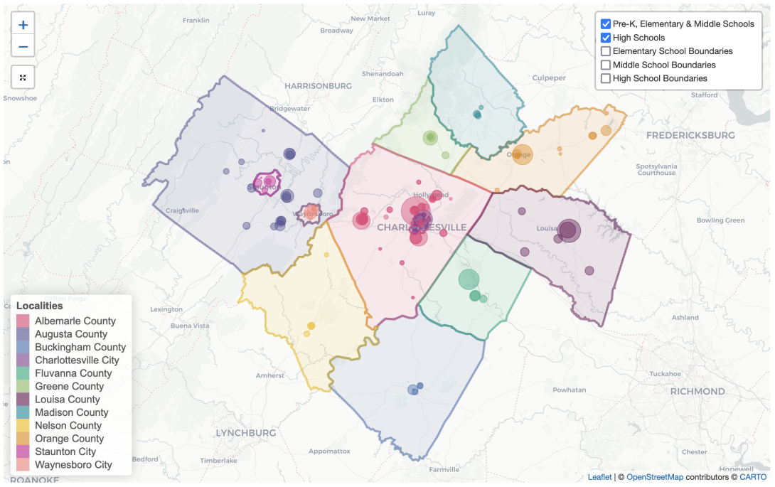 Map of public schools in the greater Charlottesville region