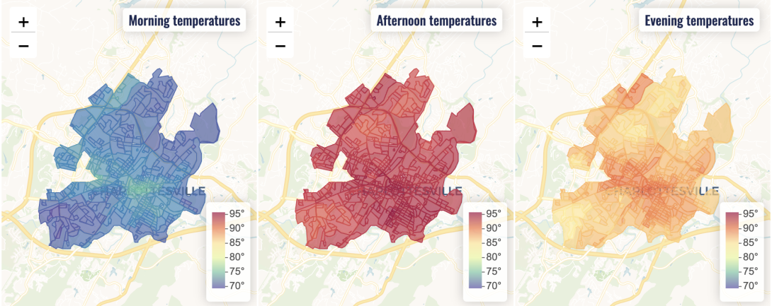A map of morning, afternoon and evening temperatures in Charlottesville