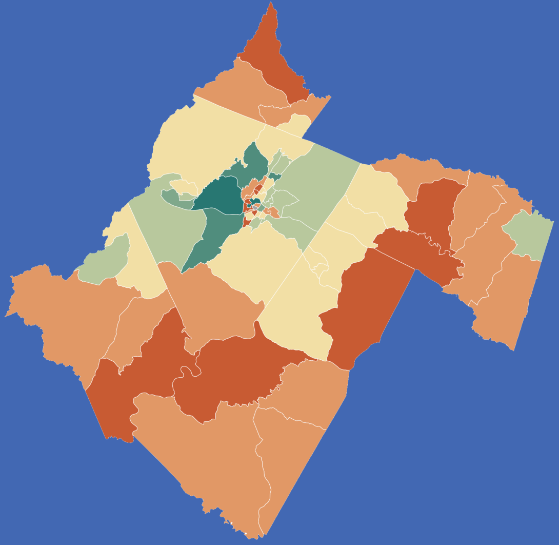 Regional map with colored census tracts